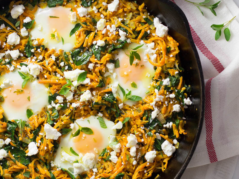 California Sweet Potato Hash with Feta and Eggs