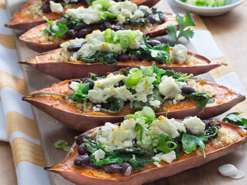 Stuffed Sweet Potato Skins with Quinoa, Black Beans, and Feta