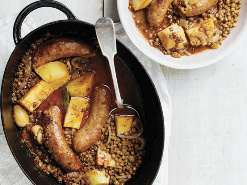Braised Sausage, Lentils, and White Sweet Potatoes