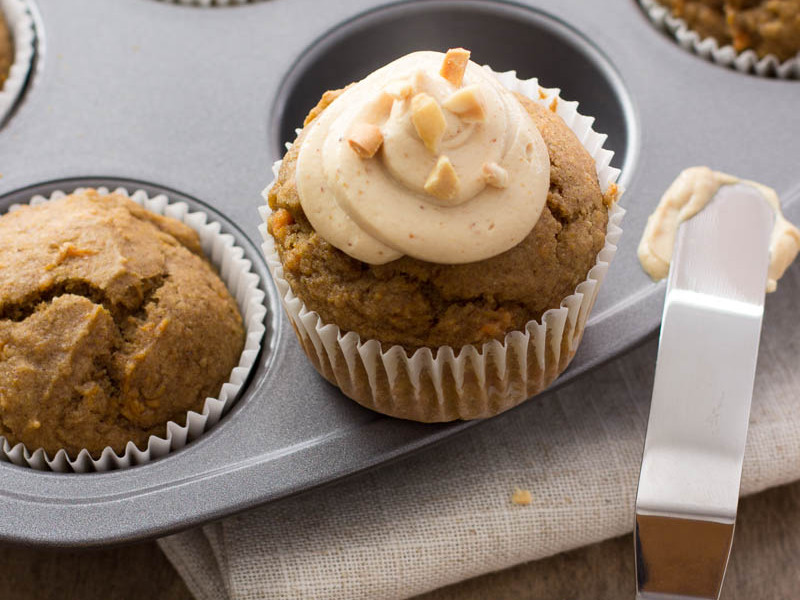 Sweet Potato Muffins with Peanut Butter Cheesecake Frosting