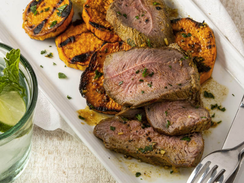 Grilled Coconut Curry Lamb and Sweet Potatoes