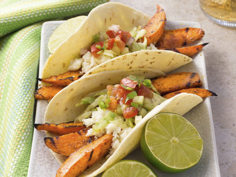 Grilled Sweet Potato Tacos with Queso Fresco and Cucumber-Tomato Salsa