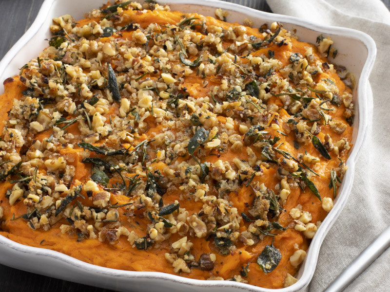 Savory Sweet Potato Casserole with Herbs, Walnuts, and Brown Butter