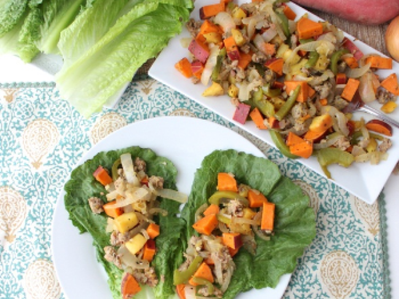Recipe Info Sweet Potato, Sausage, and Apple Lettuce Wraps