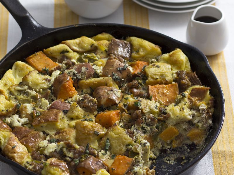  Breakfast Strata with Sweet Potatoes, Chile, and Goat Cheese